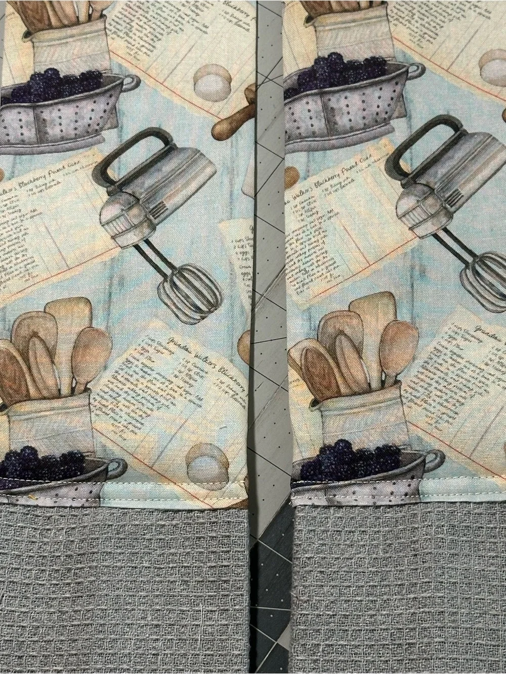 Handmade Kitchen Scarf - Baking Print with Gray Towel